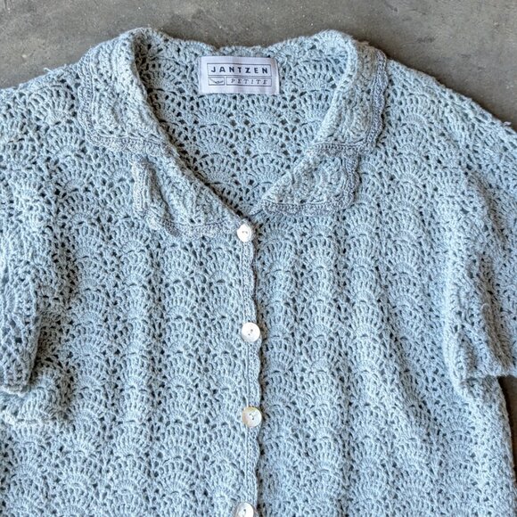 Vintage Jantzen Petite Blue Pointelle Knit Short Sleeve Collared Cardigan - Picture 2 of 7